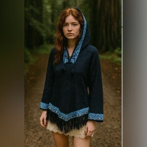 100% Baby Alpaca Wool Fringe Hooded Hoodie Knit Tassel Peru Pullover Sweater S